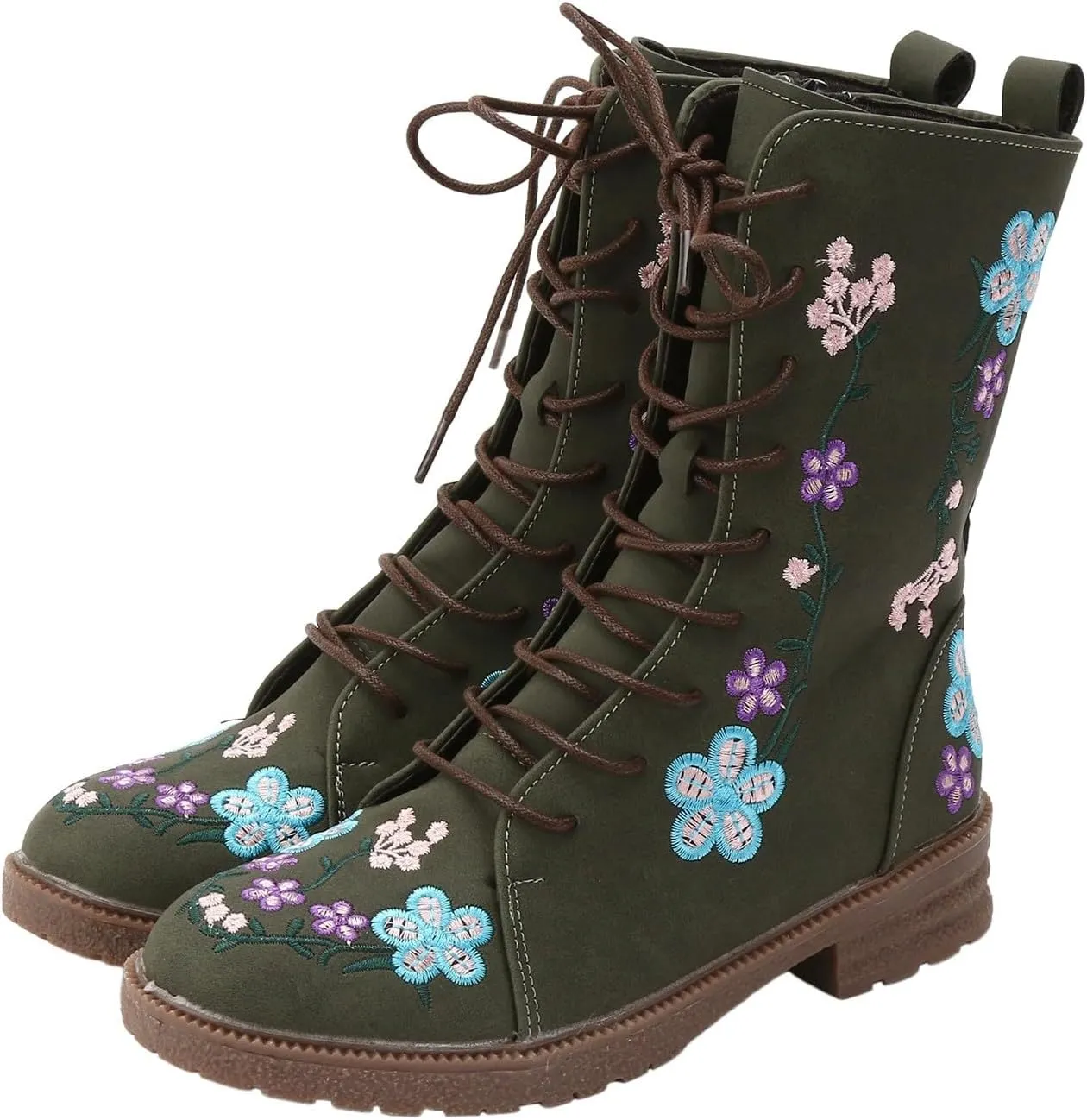 Fall Boots Womens Suede Flower Embroidered Mid-Calf Fall Boots Lace Up Womens Motorcycle Combat Boots