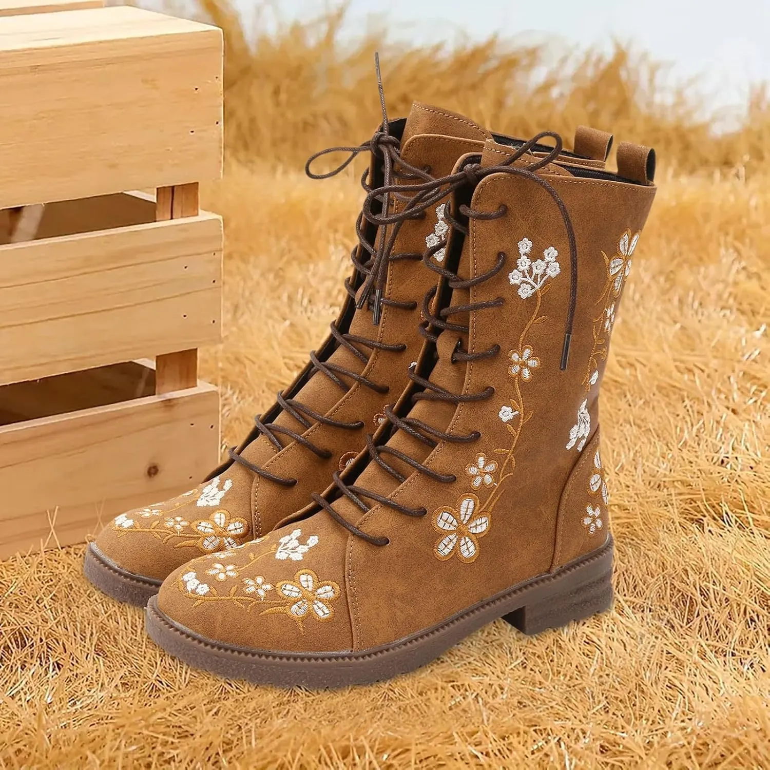Fall Boots Womens Suede Flower Embroidered Mid-Calf Fall Boots Lace Up Womens Motorcycle Combat Boots