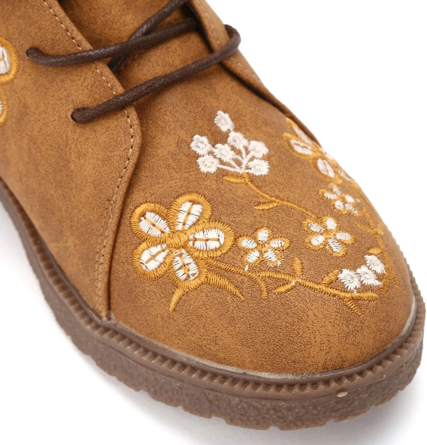 Fall Boots Womens Suede Flower Embroidered Mid-Calf Fall Boots Lace Up Womens Motorcycle Combat Boots