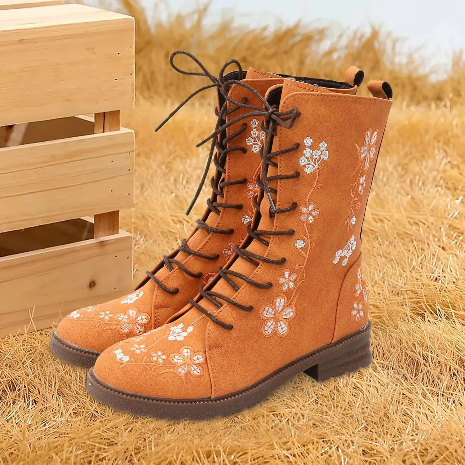 Fall Boots Womens Suede Flower Embroidered Mid-Calf Fall Boots Lace Up Womens Motorcycle Combat Boots