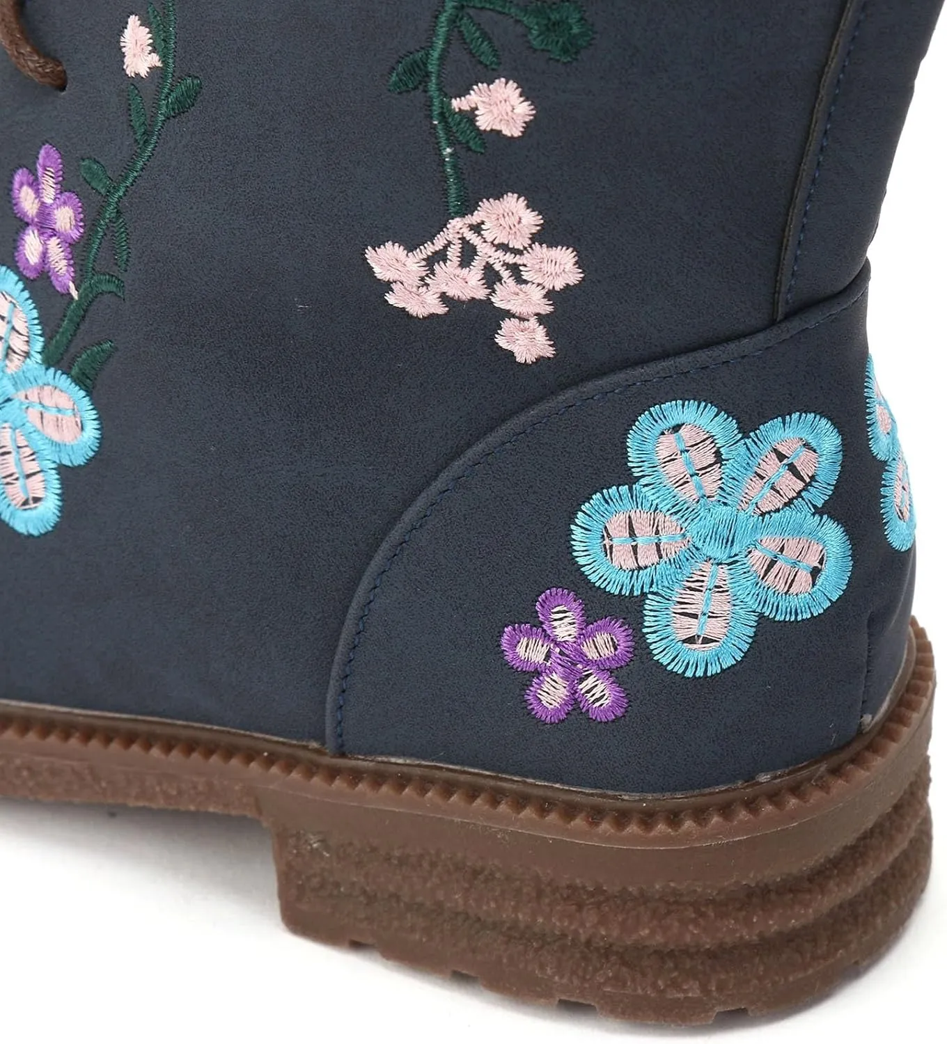 Fall Boots Womens Suede Flower Embroidered Mid-Calf Fall Boots Lace Up Womens Motorcycle Combat Boots