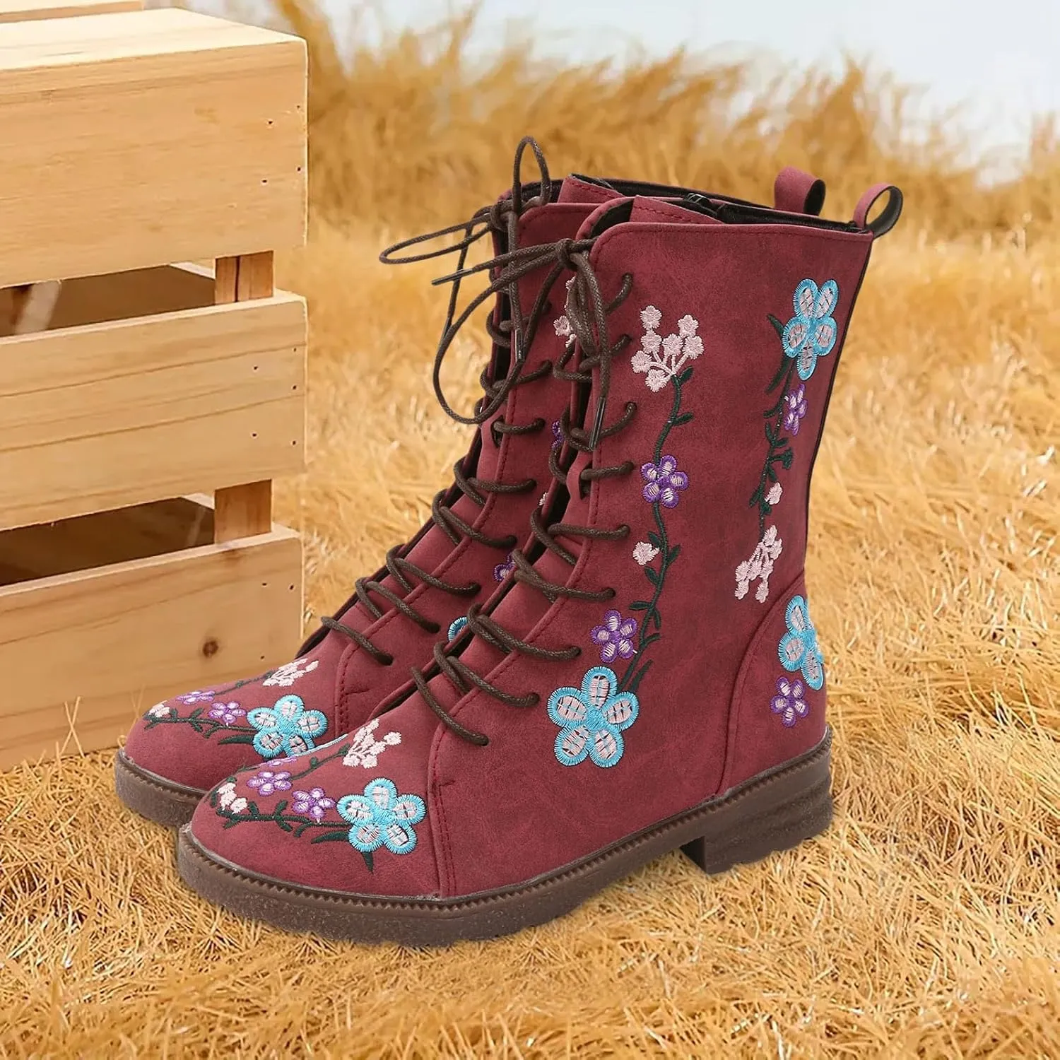 Fall Boots Womens Suede Flower Embroidered Mid-Calf Fall Boots Lace Up Womens Motorcycle Combat Boots