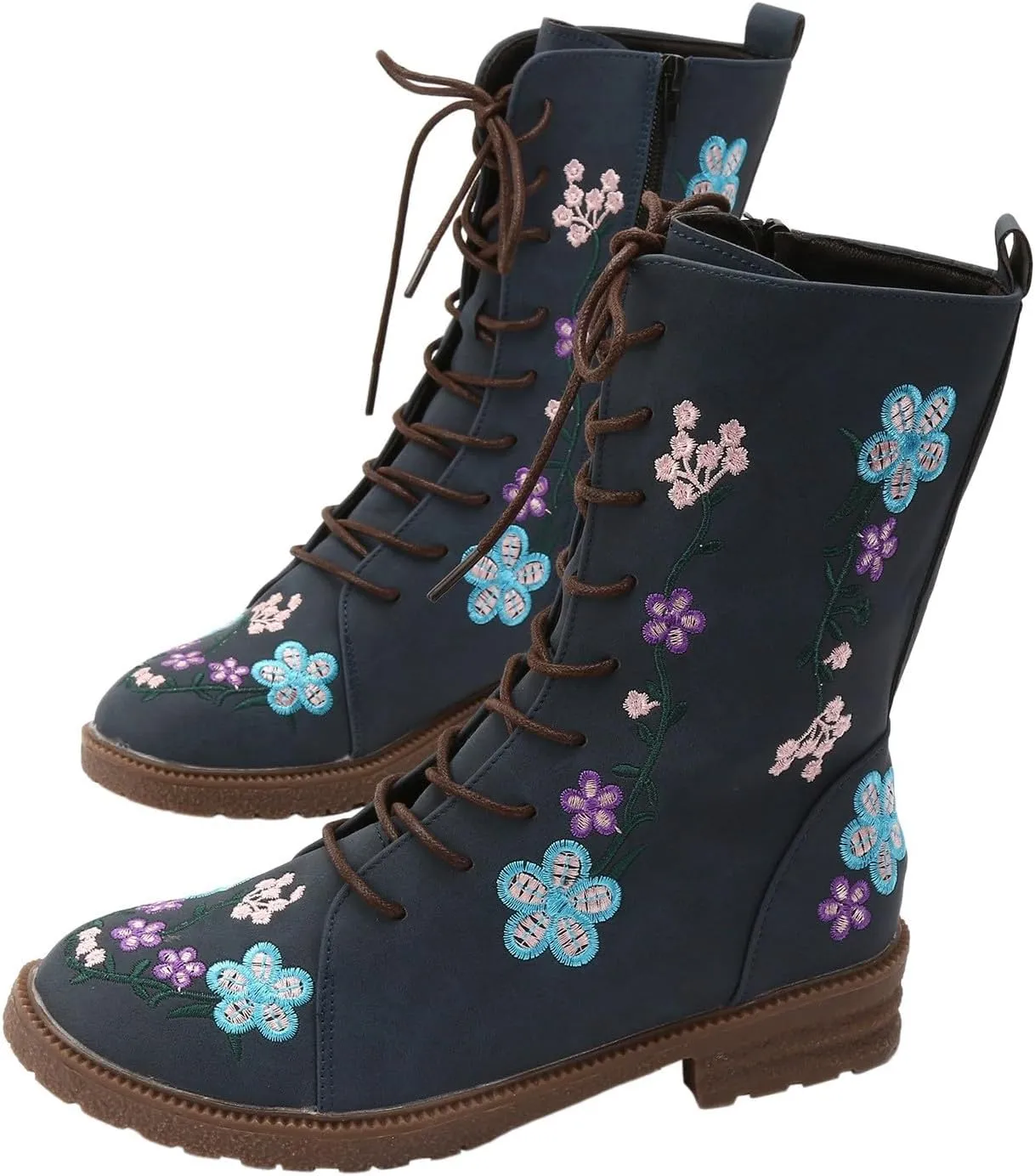 Fall Boots Womens Suede Flower Embroidered Mid-Calf Fall Boots Lace Up Womens Motorcycle Combat Boots