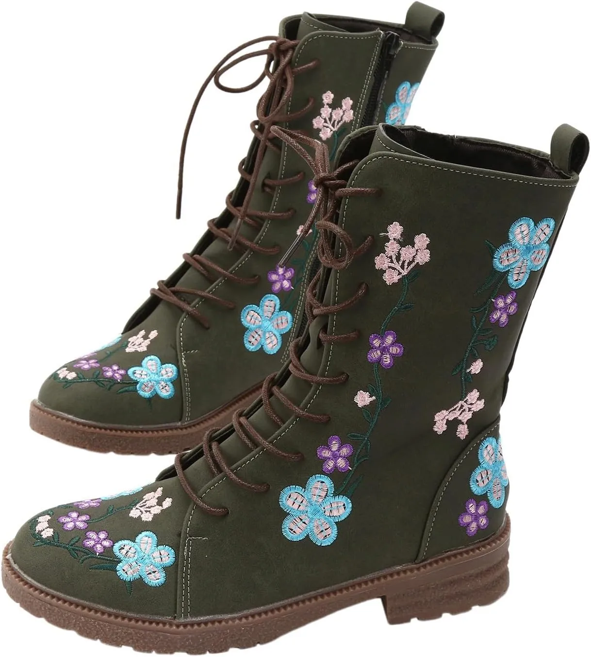 Fall Boots Womens Suede Flower Embroidered Mid-Calf Fall Boots Lace Up Womens Motorcycle Combat Boots