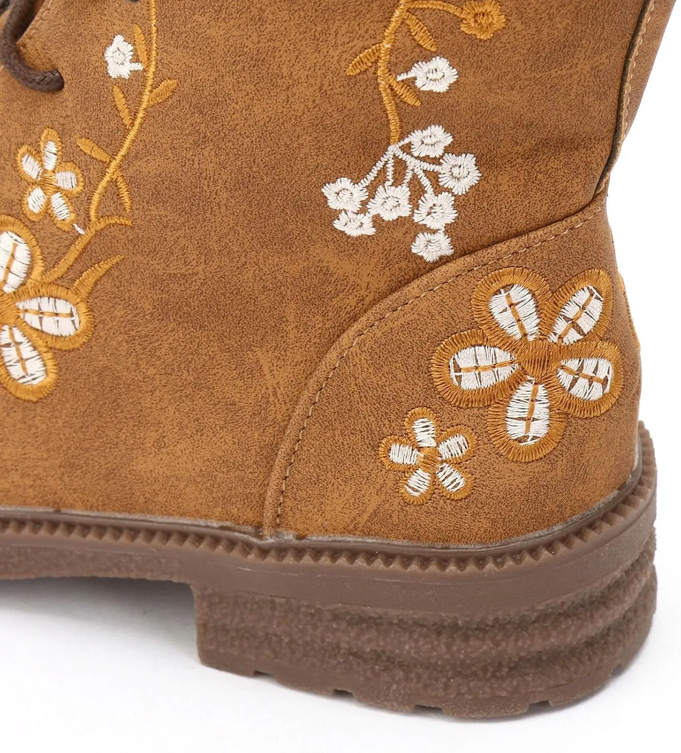 Fall Boots Womens Suede Flower Embroidered Mid-Calf Fall Boots Lace Up Womens Motorcycle Combat Boots