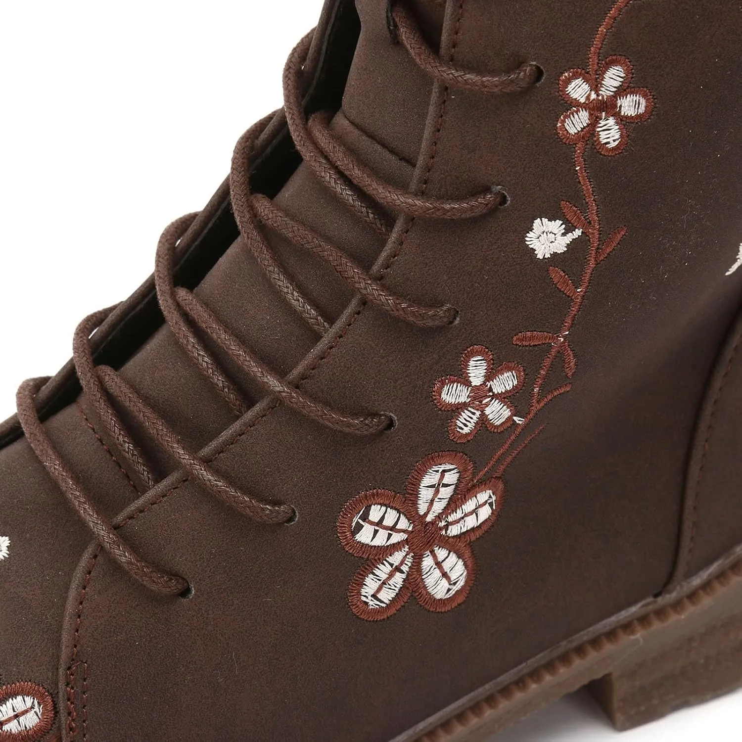 Fall Boots Womens Suede Flower Embroidered Mid-Calf Fall Boots Lace Up Womens Motorcycle Combat Boots