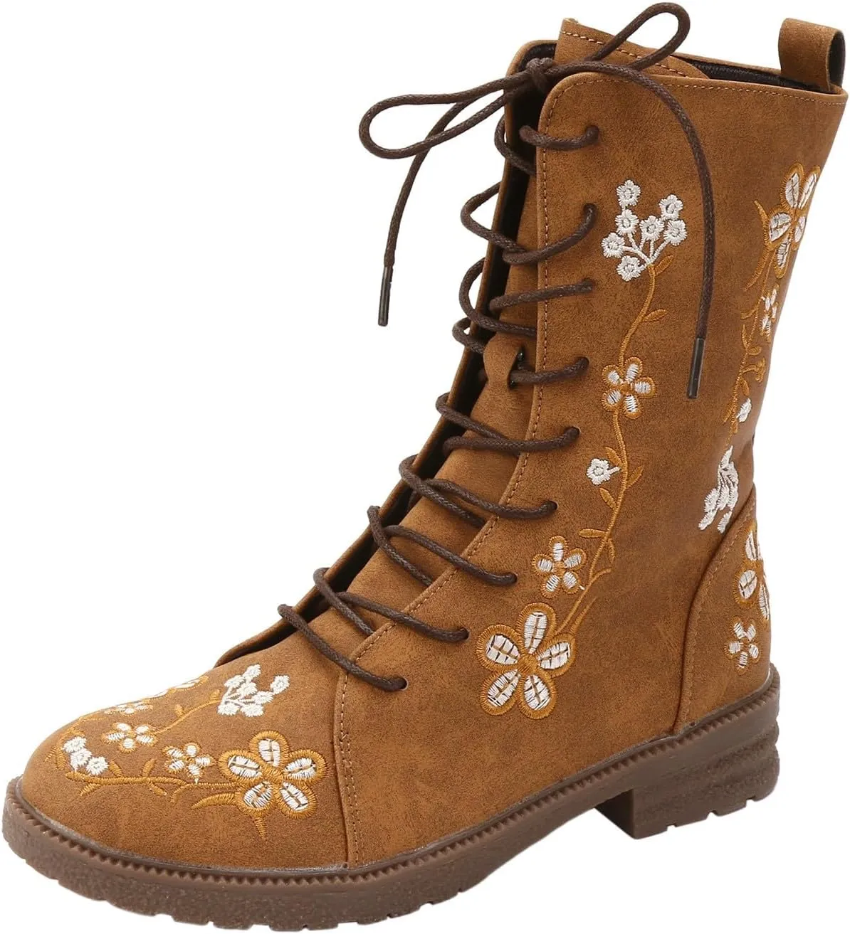 Fall Boots Womens Suede Flower Embroidered Mid-Calf Fall Boots Lace Up Womens Motorcycle Combat Boots