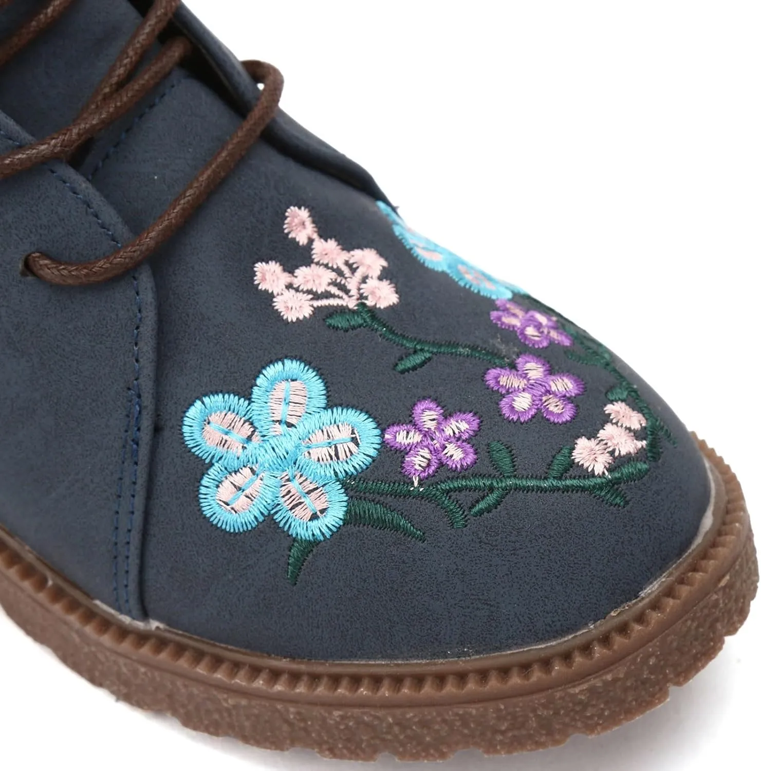 Fall Boots Womens Suede Flower Embroidered Mid-Calf Fall Boots Lace Up Womens Motorcycle Combat Boots