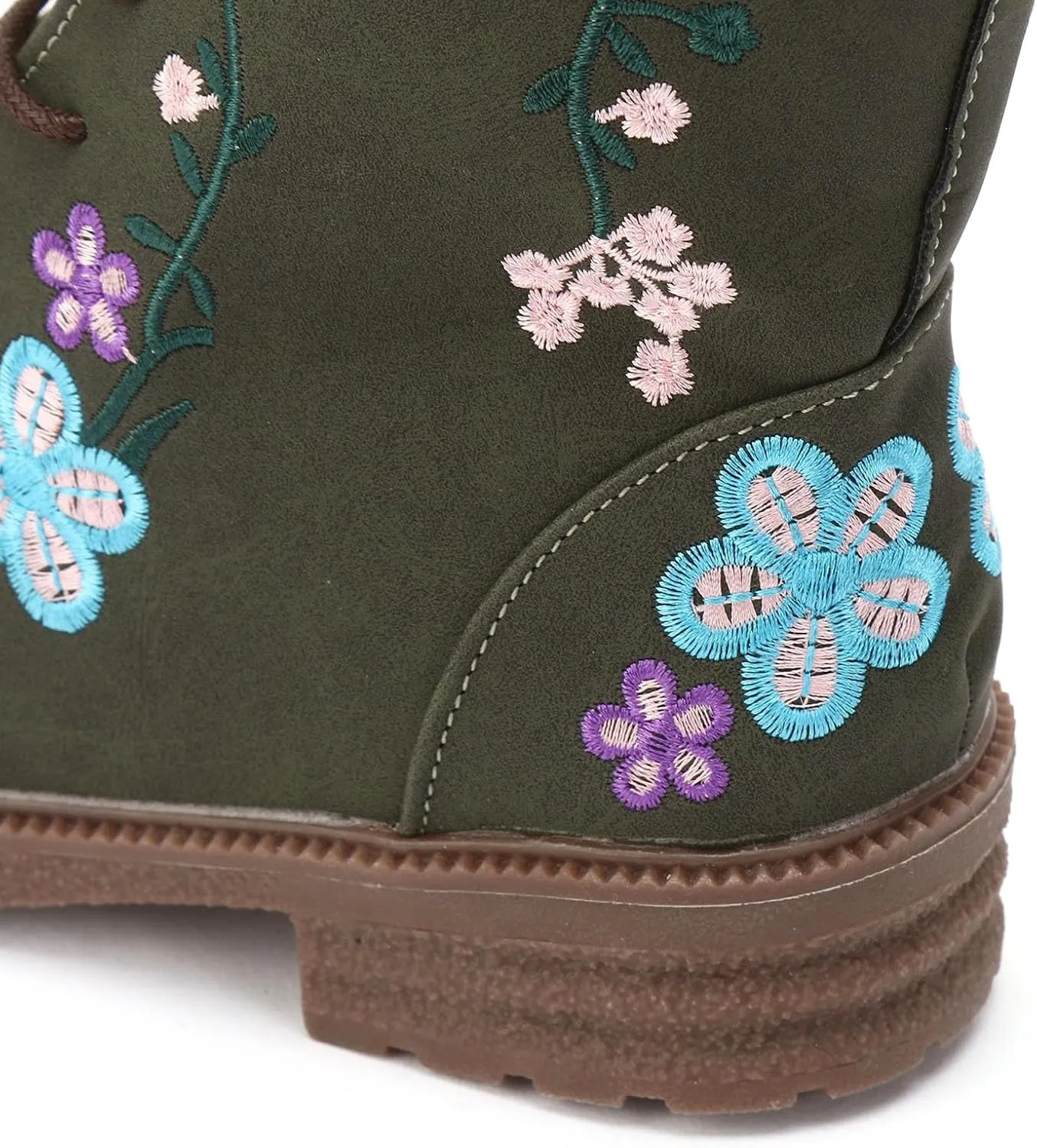 Fall Boots Womens Suede Flower Embroidered Mid-Calf Fall Boots Lace Up Womens Motorcycle Combat Boots