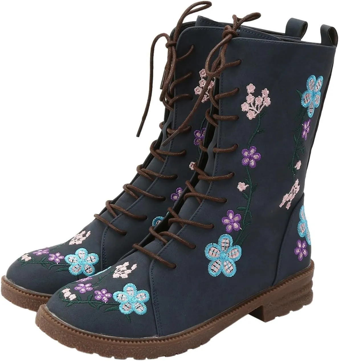 Fall Boots Womens Suede Flower Embroidered Mid-Calf Fall Boots Lace Up Womens Motorcycle Combat Boots