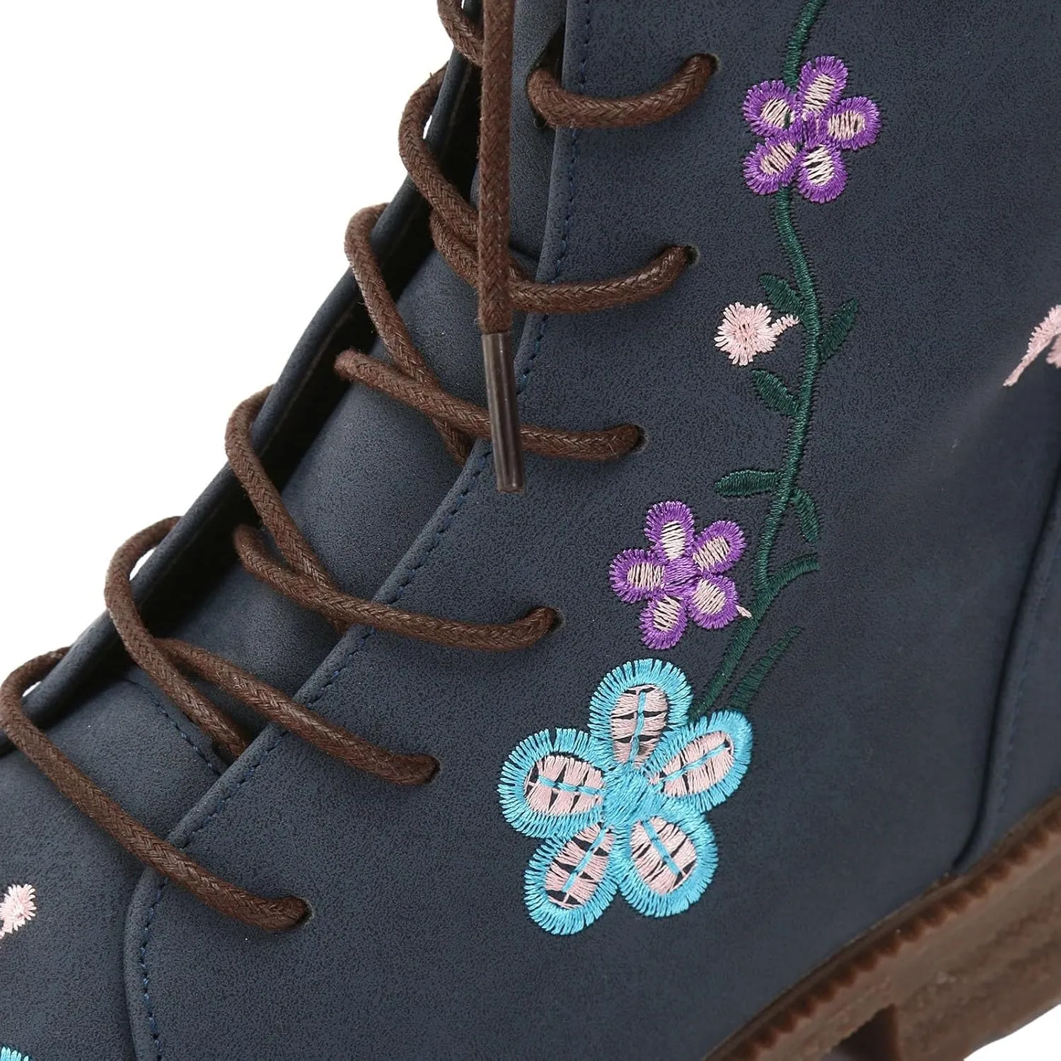 Fall Boots Womens Suede Flower Embroidered Mid-Calf Fall Boots Lace Up Womens Motorcycle Combat Boots