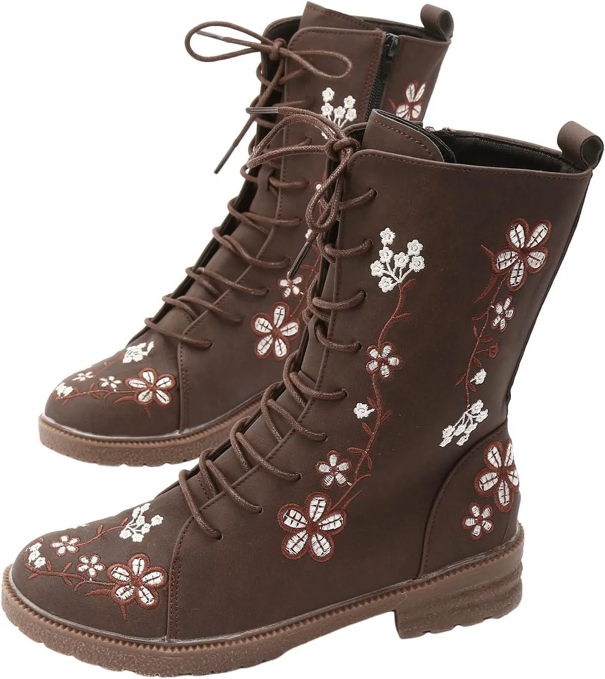 Fall Boots Womens Suede Flower Embroidered Mid-Calf Fall Boots Lace Up Womens Motorcycle Combat Boots
