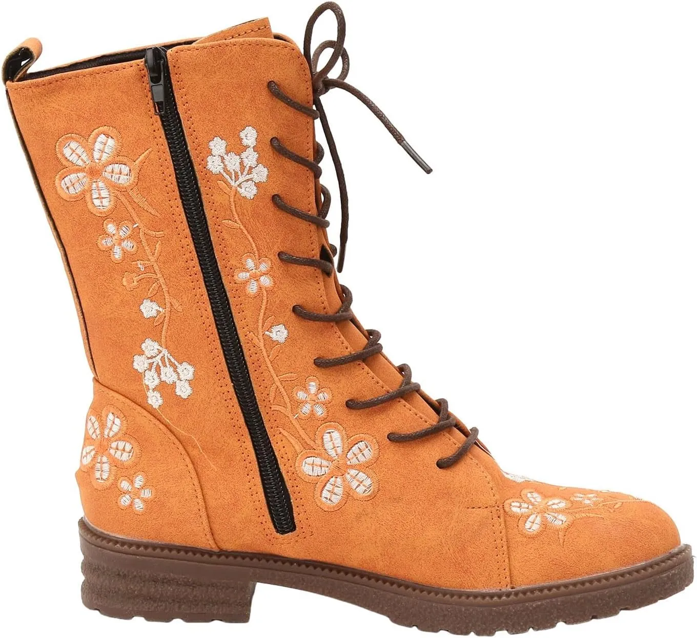 Fall Boots Womens Suede Flower Embroidered Mid-Calf Fall Boots Lace Up Womens Motorcycle Combat Boots