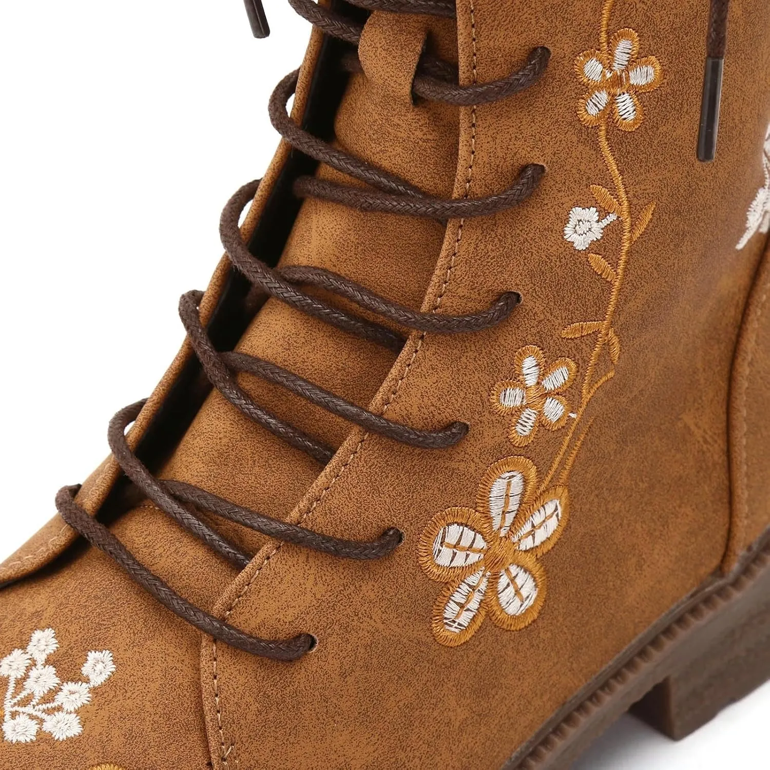 Fall Boots Womens Suede Flower Embroidered Mid-Calf Fall Boots Lace Up Womens Motorcycle Combat Boots