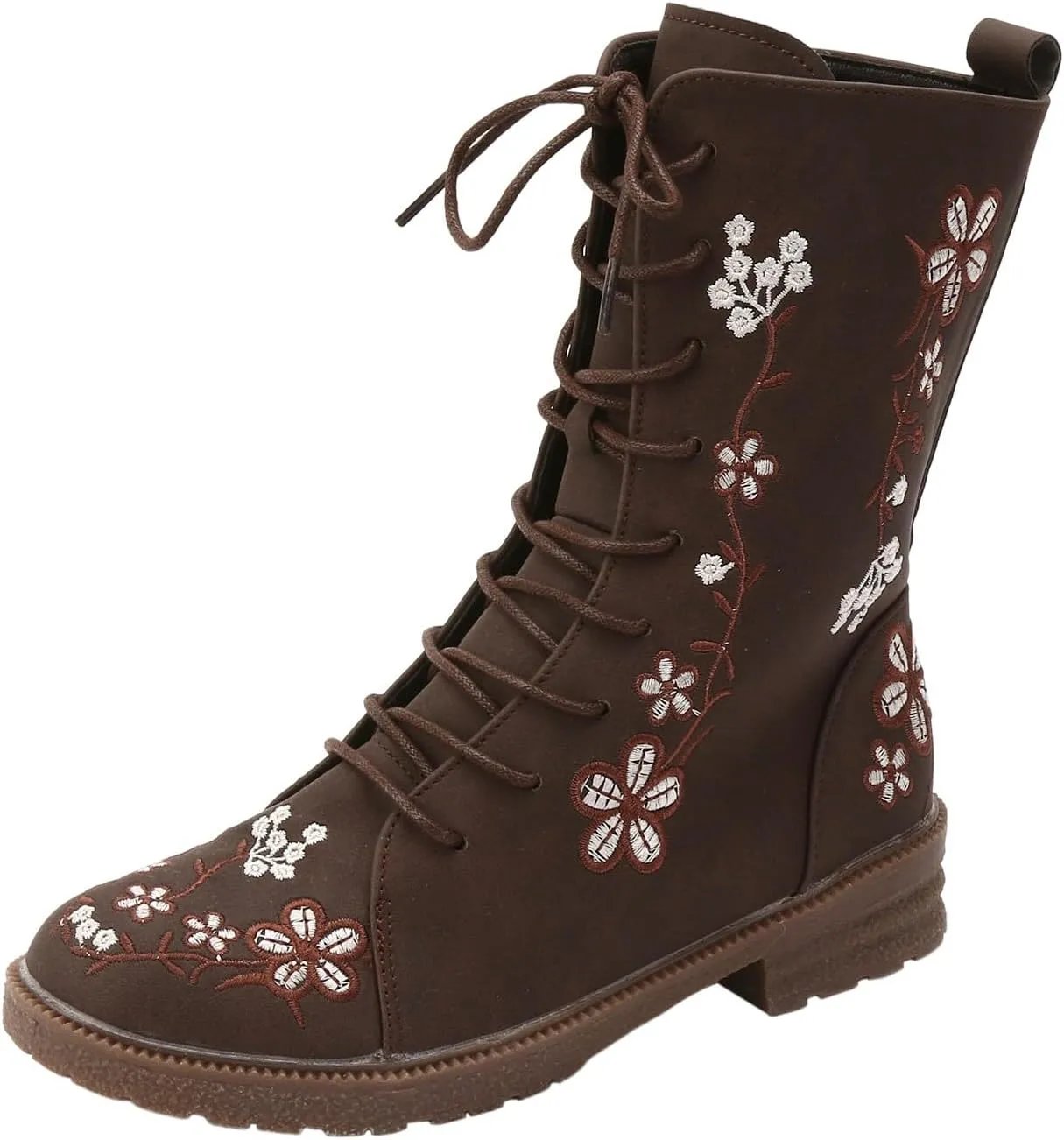 Fall Boots Womens Suede Flower Embroidered Mid-Calf Fall Boots Lace Up Womens Motorcycle Combat Boots