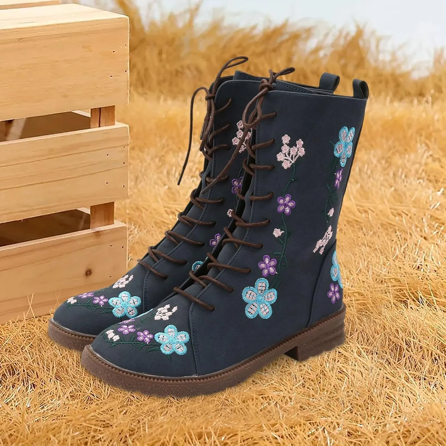 Fall Boots Womens Suede Flower Embroidered Mid-Calf Fall Boots Lace Up Womens Motorcycle Combat Boots