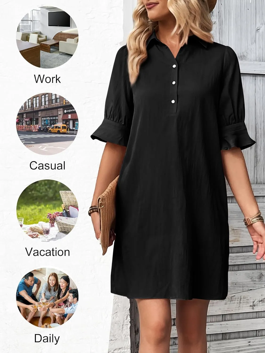 FENSACE Womens Casual Shirt Dress Ruffle Sleeve Button Down Shift Summer Dresses with Pockets