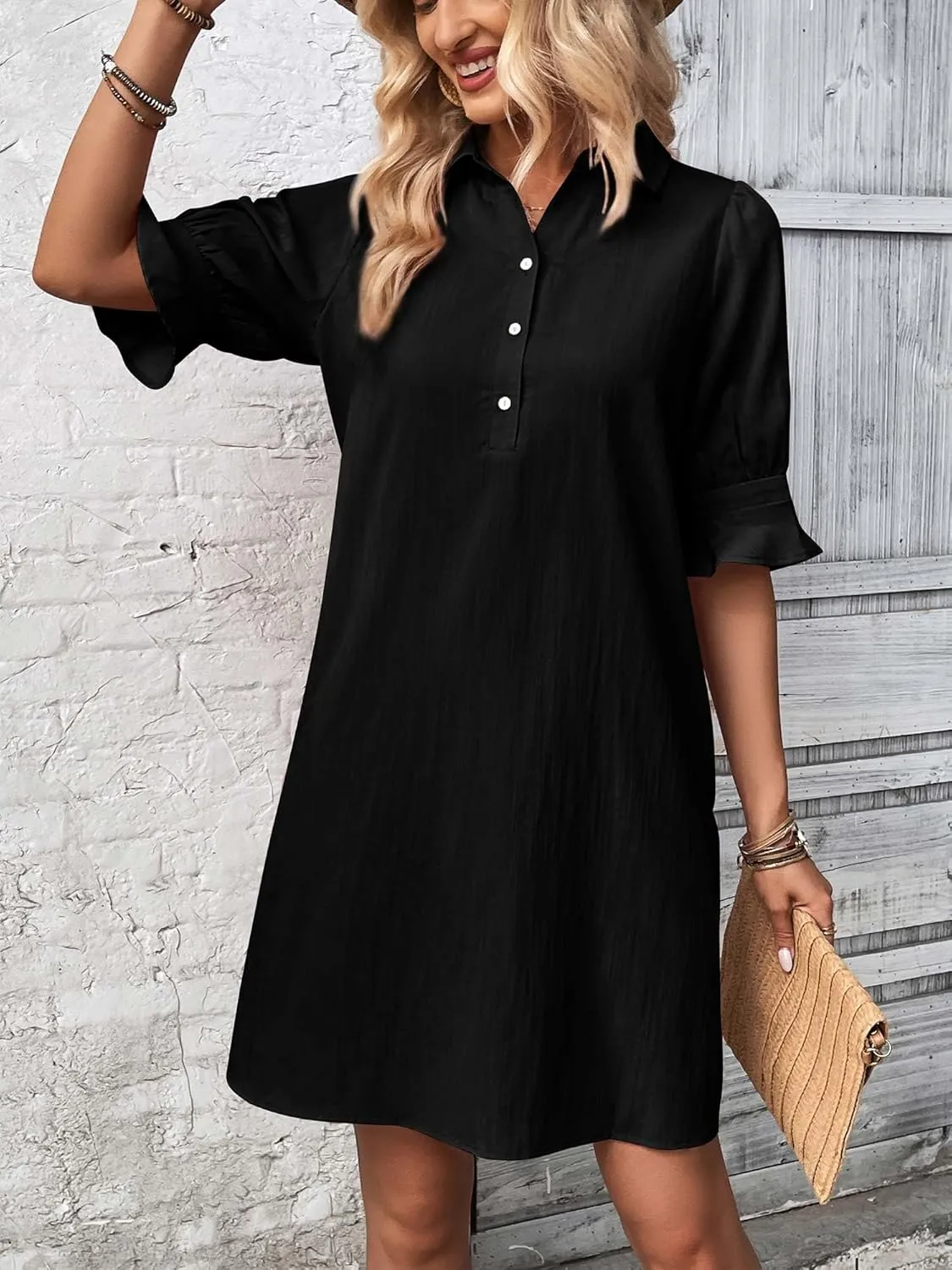 FENSACE Womens Casual Shirt Dress Ruffle Sleeve Button Down Shift Summer Dresses with Pockets