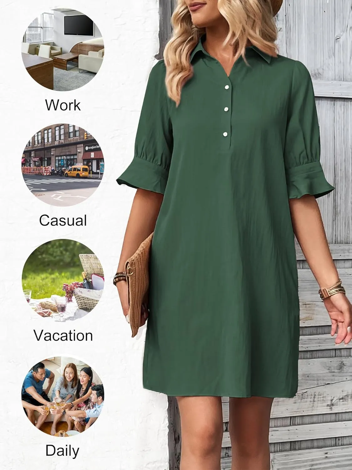 FENSACE Womens Casual Shirt Dress Ruffle Sleeve Button Down Shift Summer Dresses with Pockets