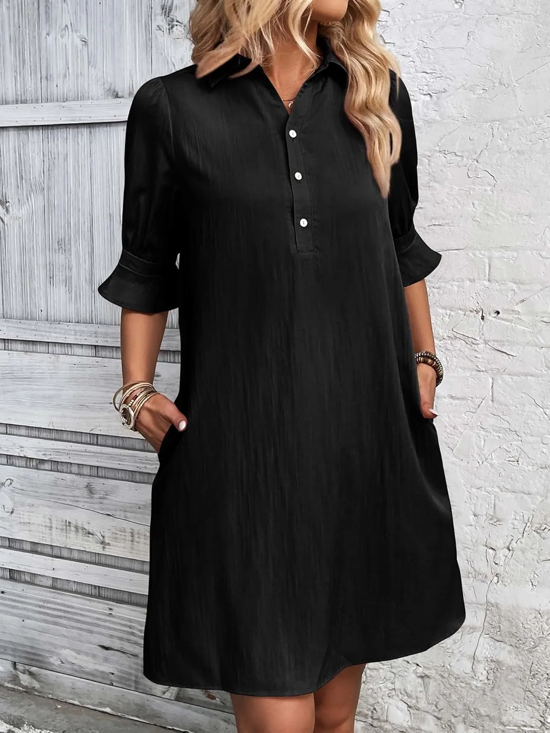 FENSACE Womens Casual Shirt Dress Ruffle Sleeve Button Down Shift Summer Dresses with Pockets