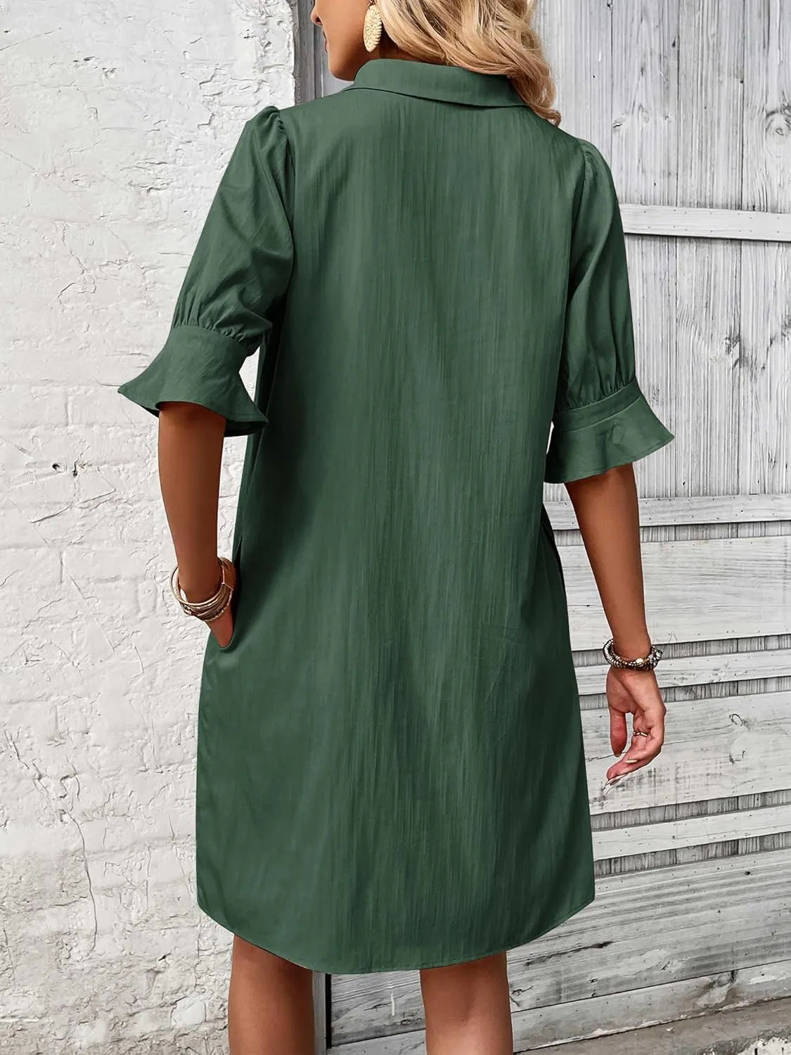 FENSACE Womens Casual Shirt Dress Ruffle Sleeve Button Down Shift Summer Dresses with Pockets