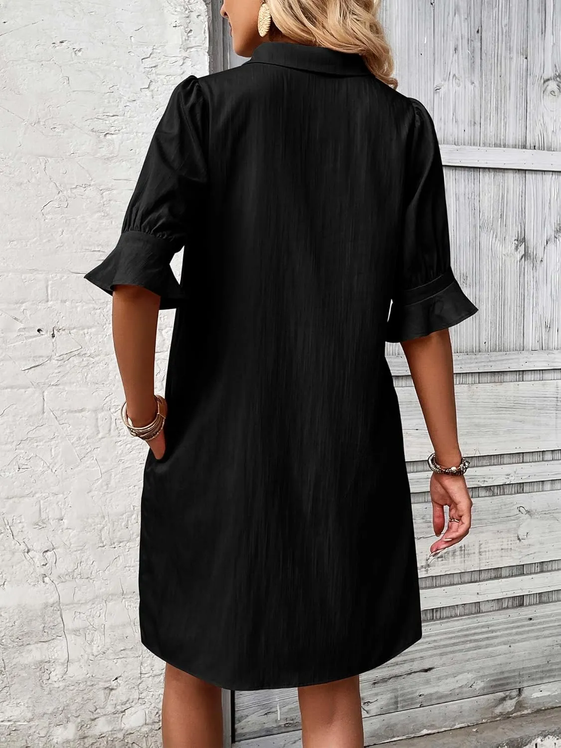 FENSACE Womens Casual Shirt Dress Ruffle Sleeve Button Down Shift Summer Dresses with Pockets