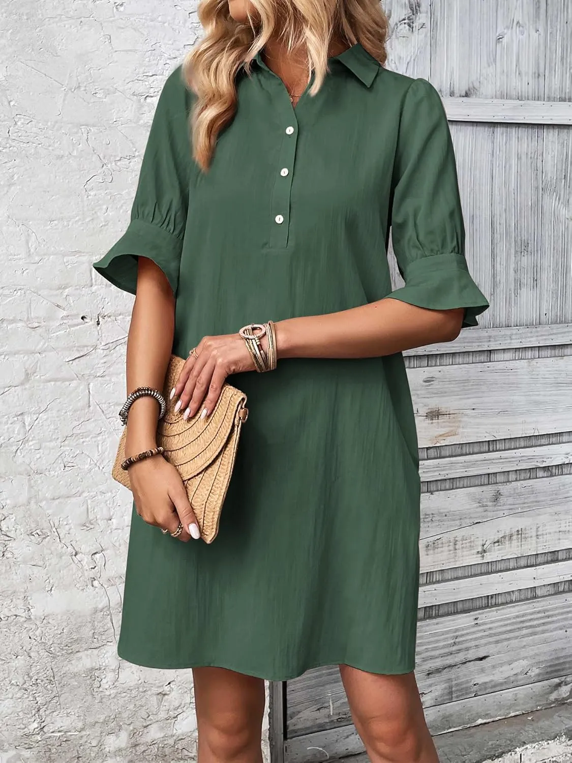 FENSACE Womens Casual Shirt Dress Ruffle Sleeve Button Down Shift Summer Dresses with Pockets