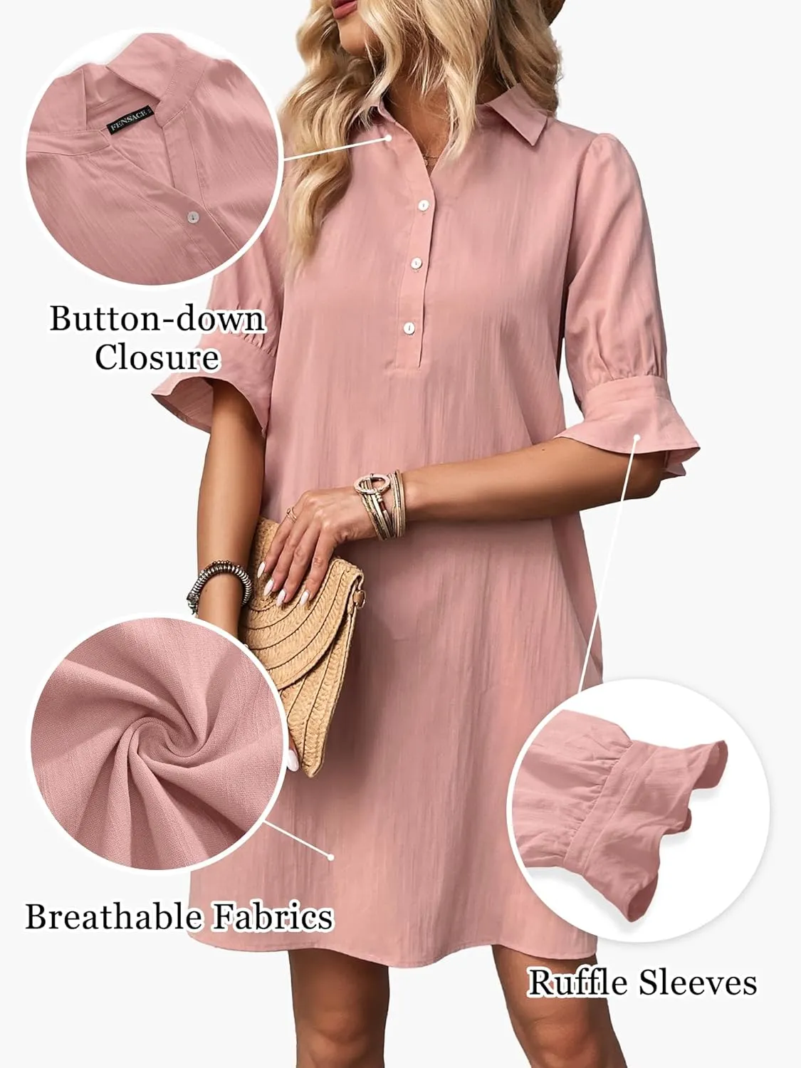 FENSACE Womens Casual Shirt Dress Ruffle Sleeve Button Down Shift Summer Dresses with Pockets