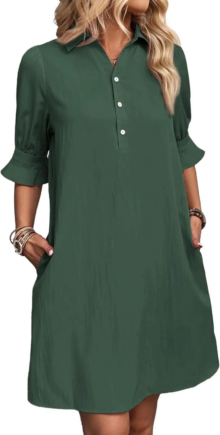 FENSACE Womens Casual Shirt Dress Ruffle Sleeve Button Down Shift Summer Dresses with Pockets