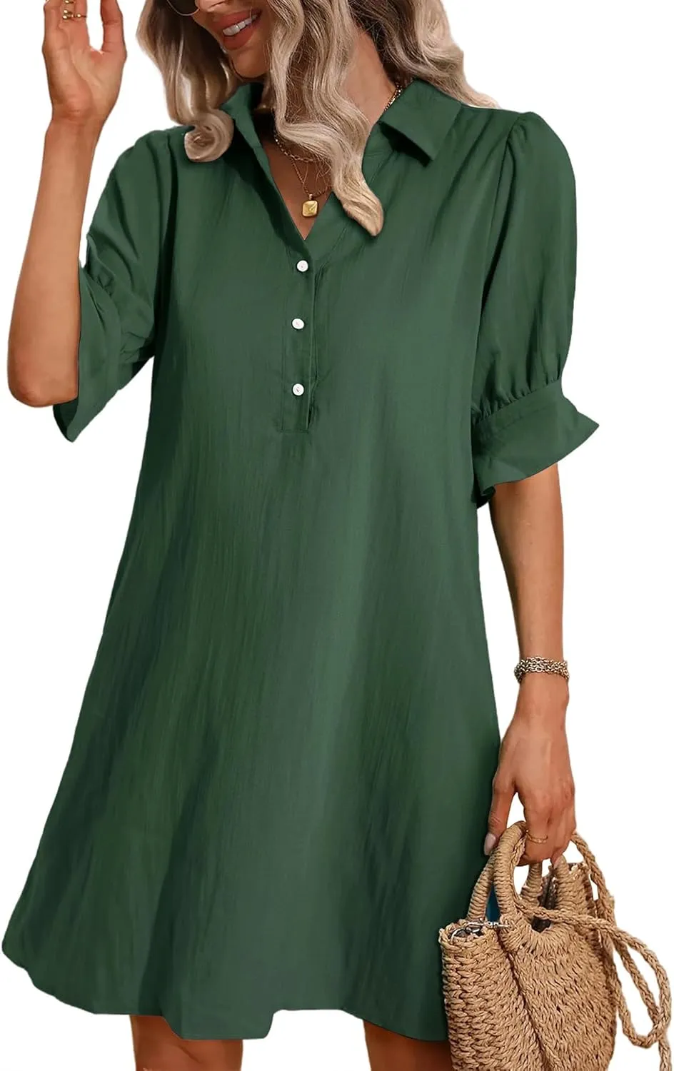 FENSACE Womens Casual Shirt Dress Ruffle Sleeve Button Down Shift Summer Dresses with Pockets