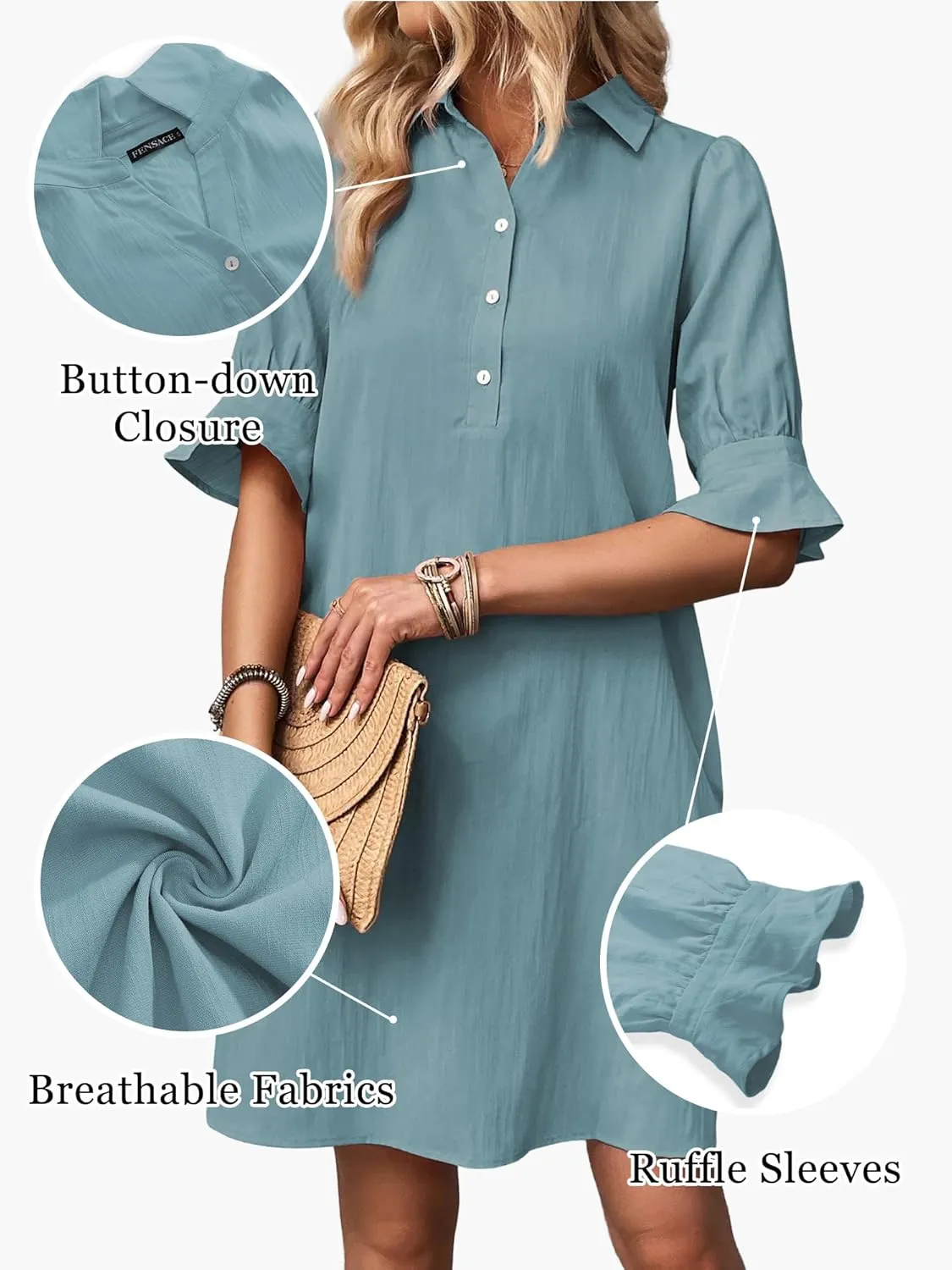 FENSACE Womens Casual Shirt Dress Ruffle Sleeve Button Down Shift Summer Dresses with Pockets
