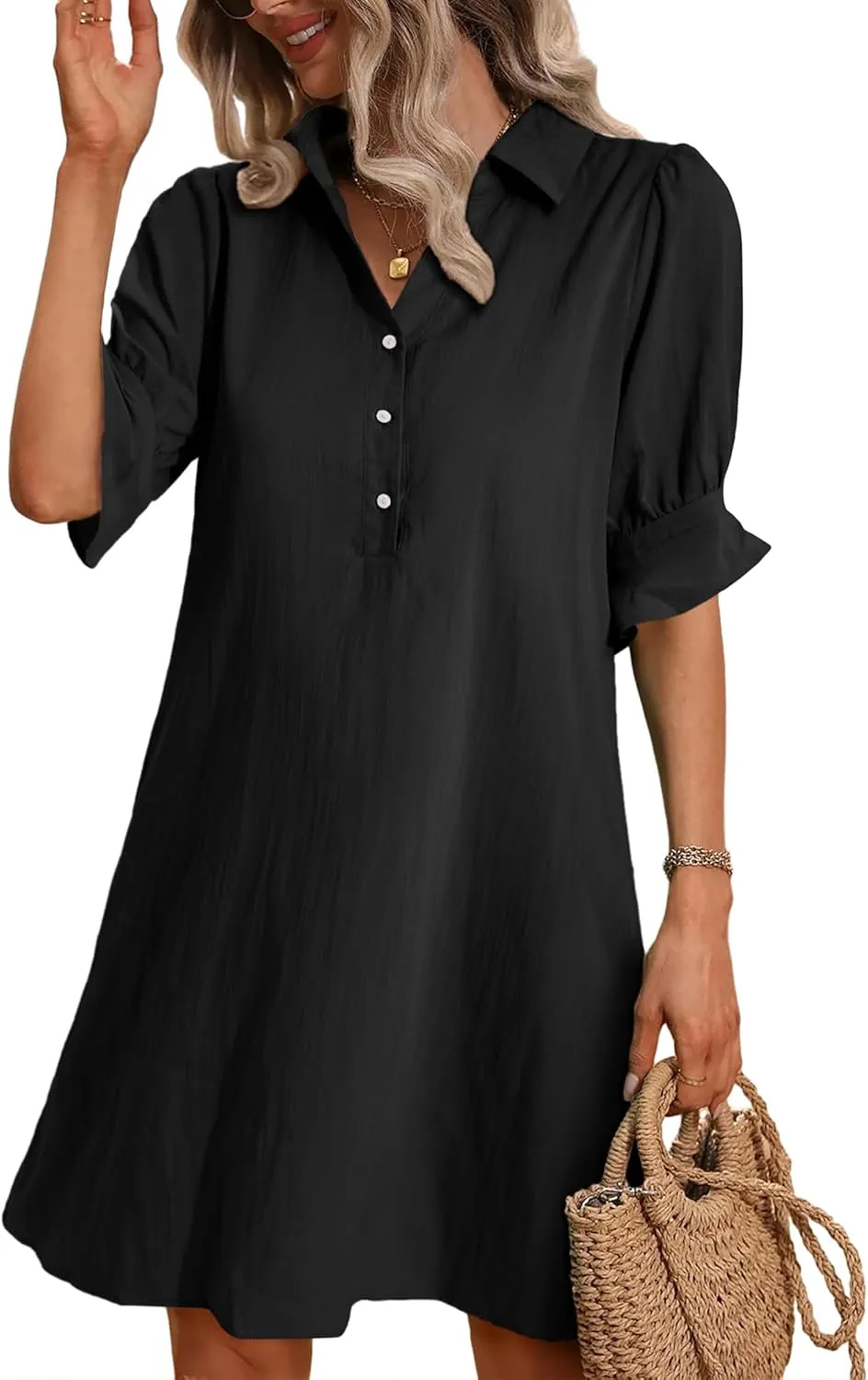 FENSACE Womens Casual Shirt Dress Ruffle Sleeve Button Down Shift Summer Dresses with Pockets