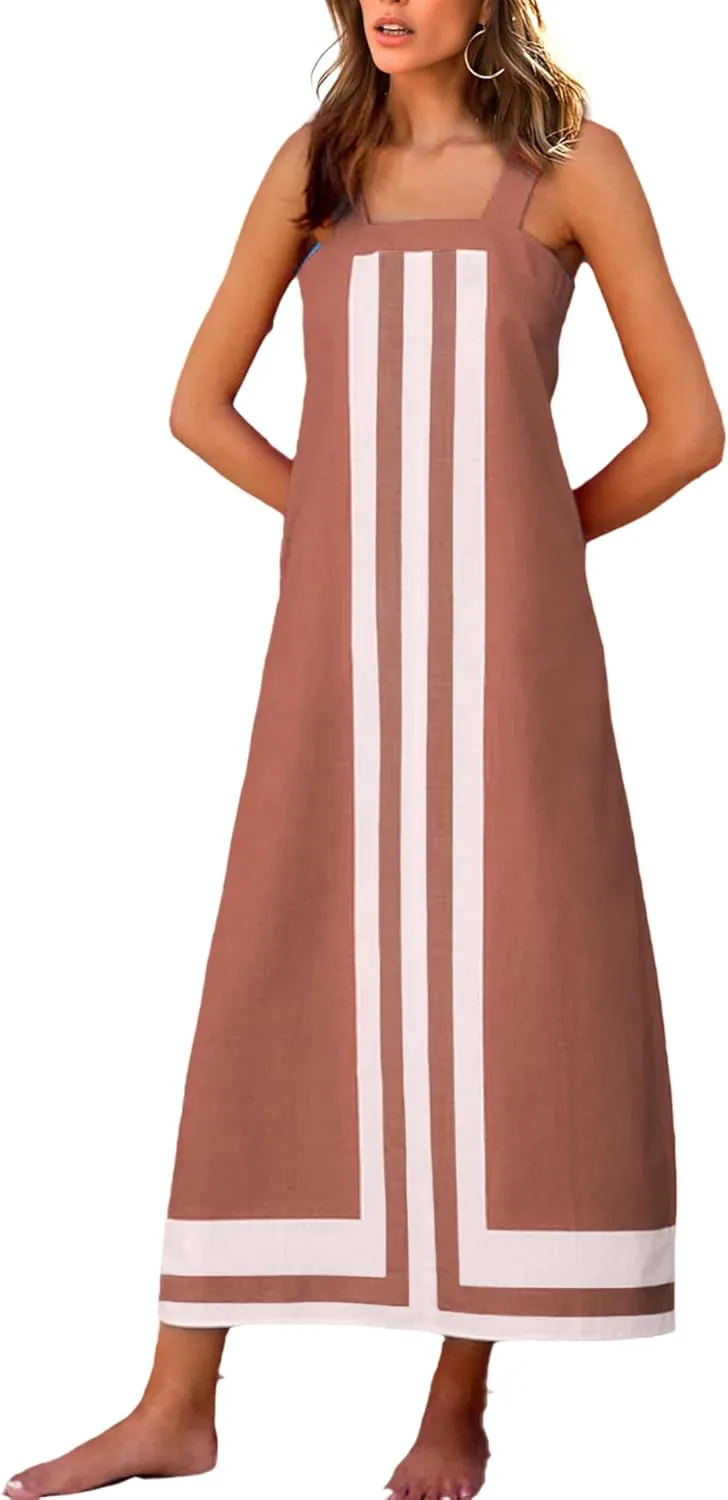 Fiona Jolin Womens Summer Maxi Dress Boho Striped Shoulder Strap Long Sundress Beach Cover Up Dress