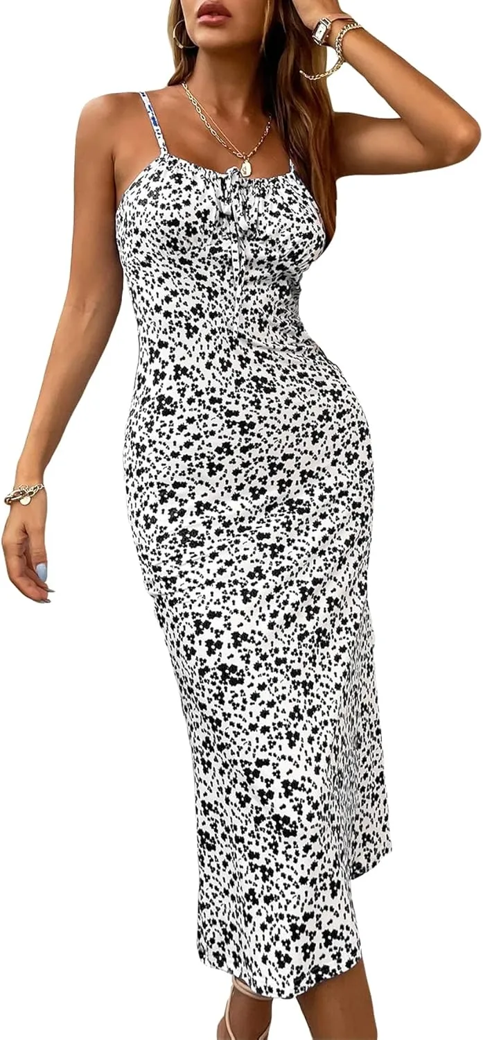 Floerns Women's Floral Print Drawstring Front Sleeveless Cami Midi Dress