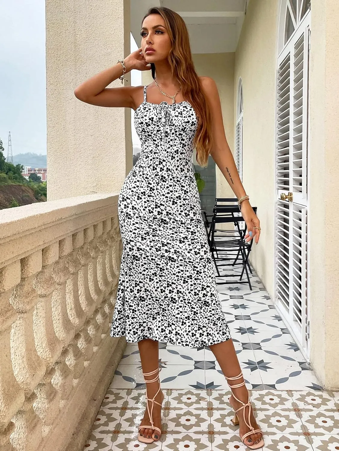 Floerns Women's Floral Print Drawstring Front Sleeveless Cami Midi Dress