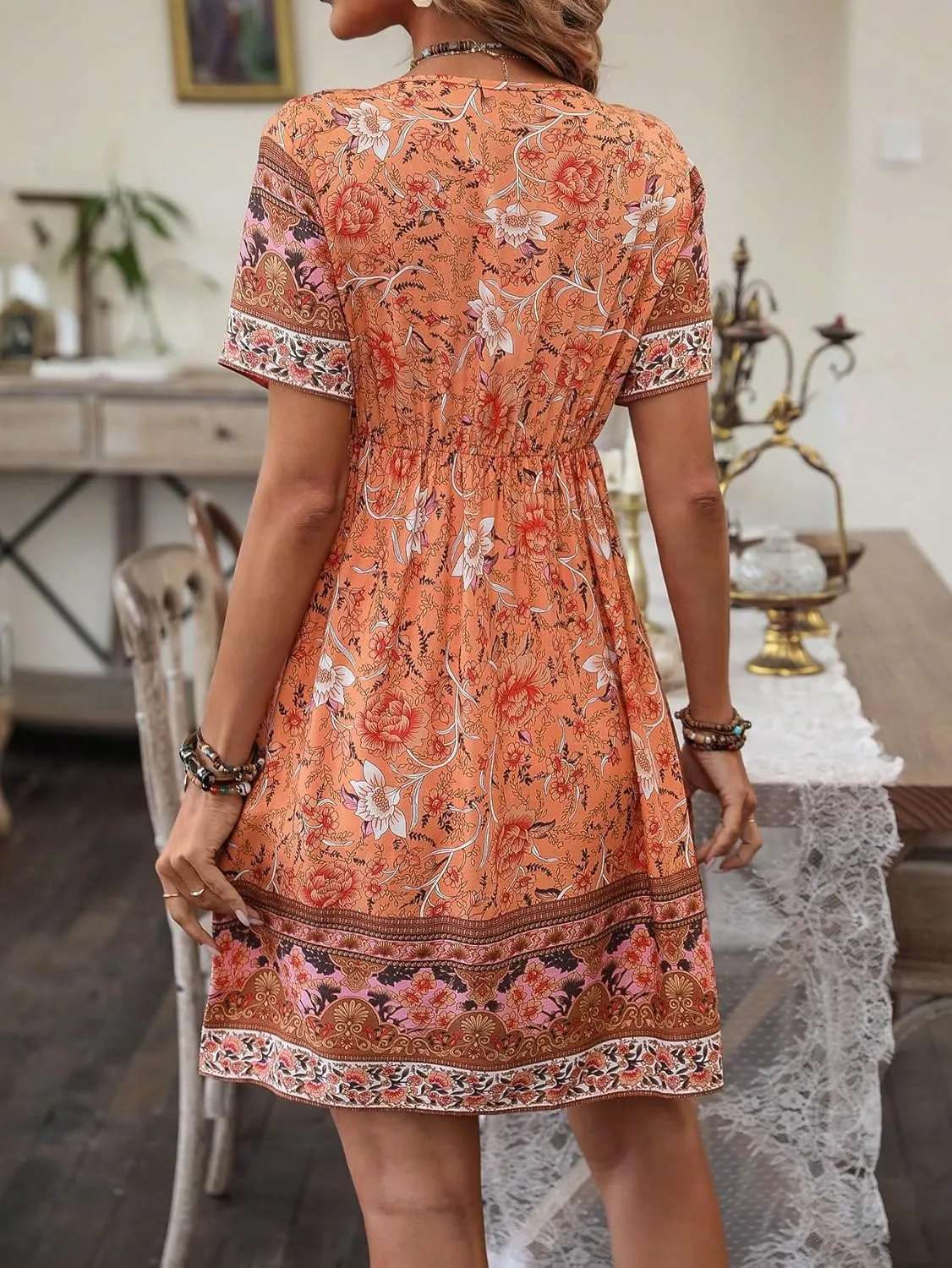 Floerns Women's Floral Print Short Sleeve Tie Neck Boho Summer A Line Dress