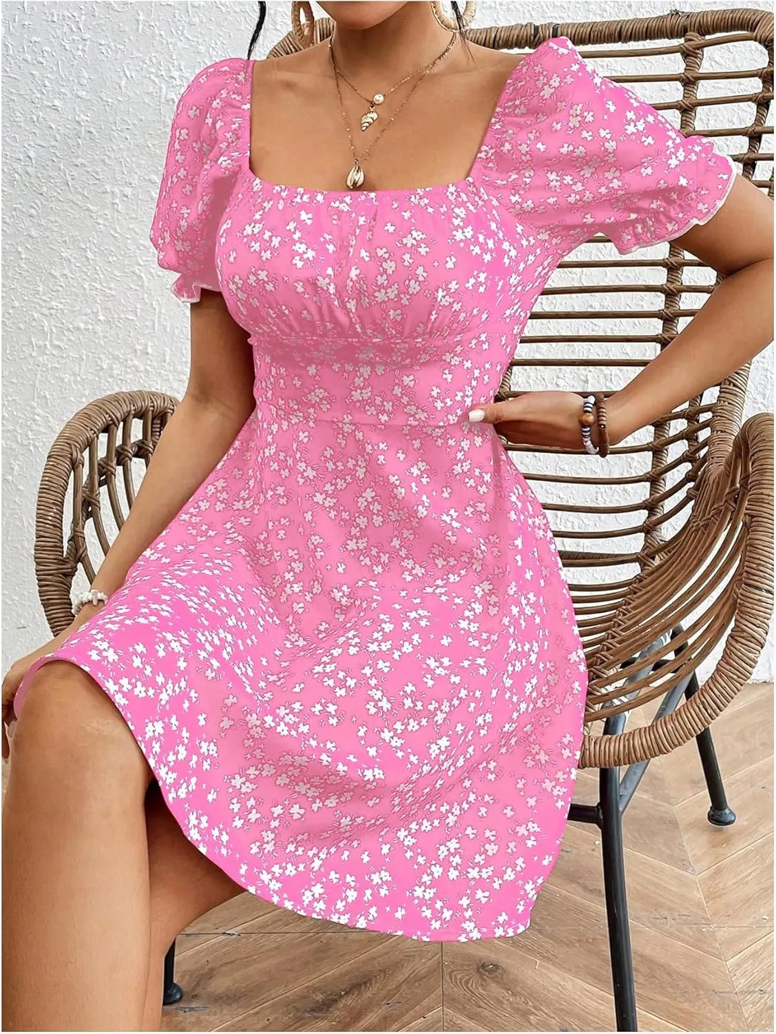 Floerns Women's Floral Puff Sleeve Boho Dress Vacation Ruched Bust A Line Dresses