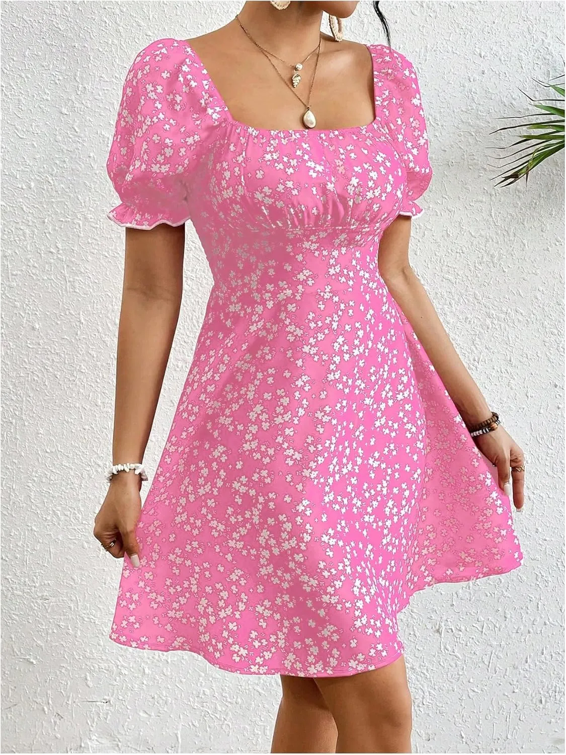 Floerns Women's Floral Puff Sleeve Boho Dress Vacation Ruched Bust A Line Dresses
