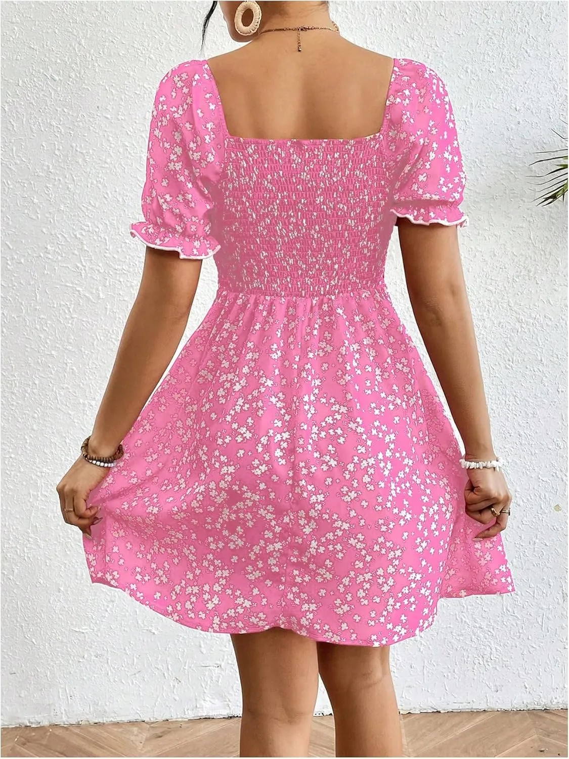 Floerns Women's Floral Puff Sleeve Boho Dress Vacation Ruched Bust A Line Dresses