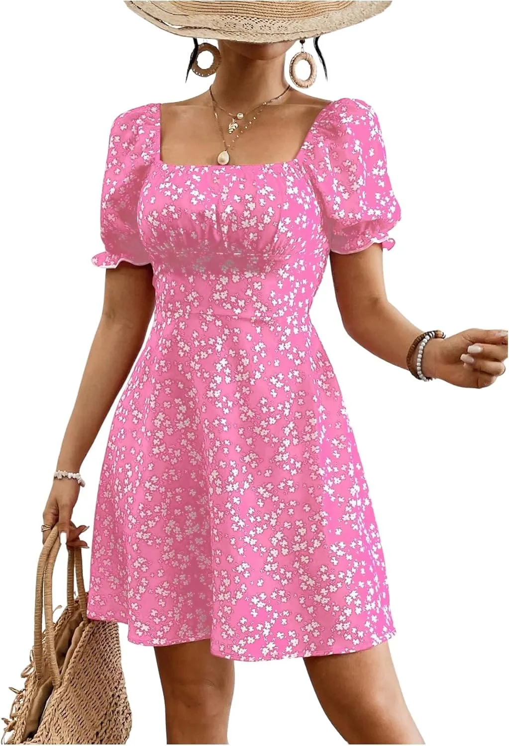 Floerns Women's Floral Puff Sleeve Boho Dress Vacation Ruched Bust A Line Dresses