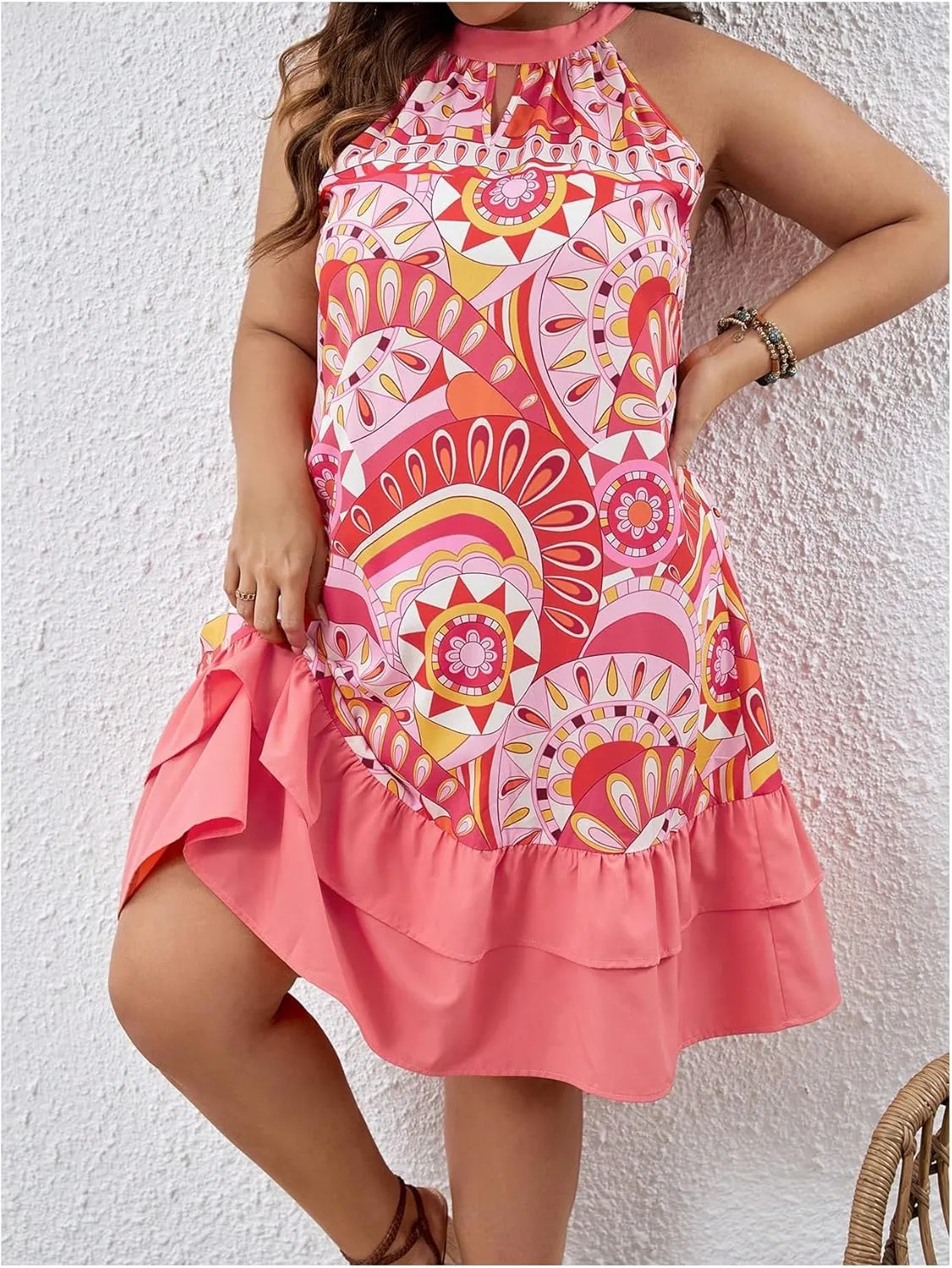Floerns Women's Plus Size Tribal Print Halter Dress Sleeveless Layered Hem Boho Dresses