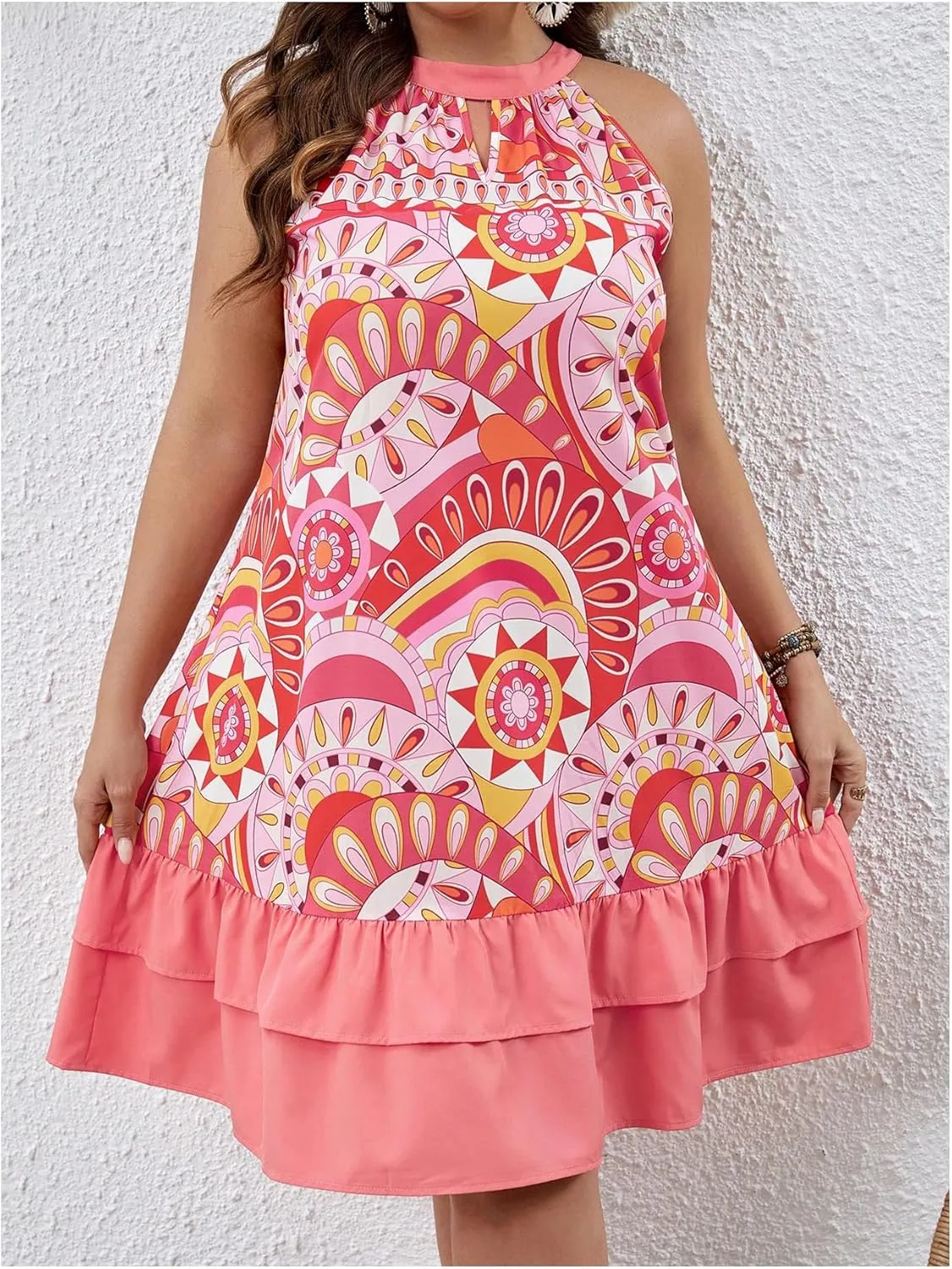 Floerns Women's Plus Size Tribal Print Halter Dress Sleeveless Layered Hem Boho Dresses