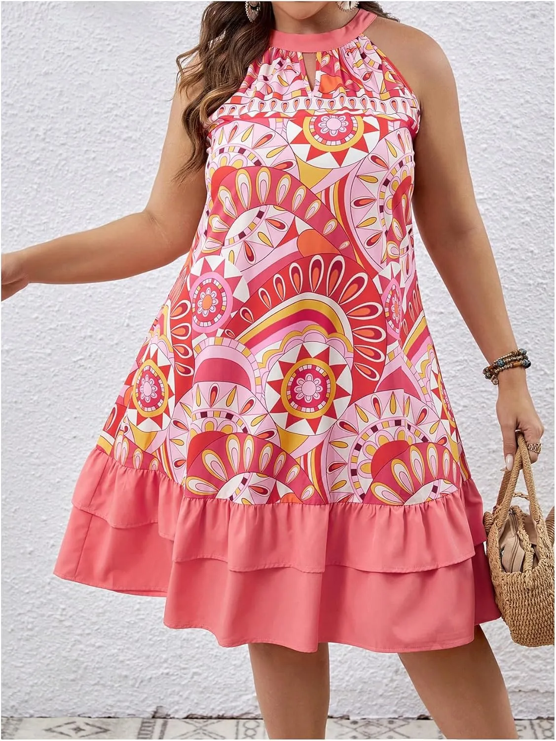 Floerns Women's Plus Size Tribal Print Halter Dress Sleeveless Layered Hem Boho Dresses