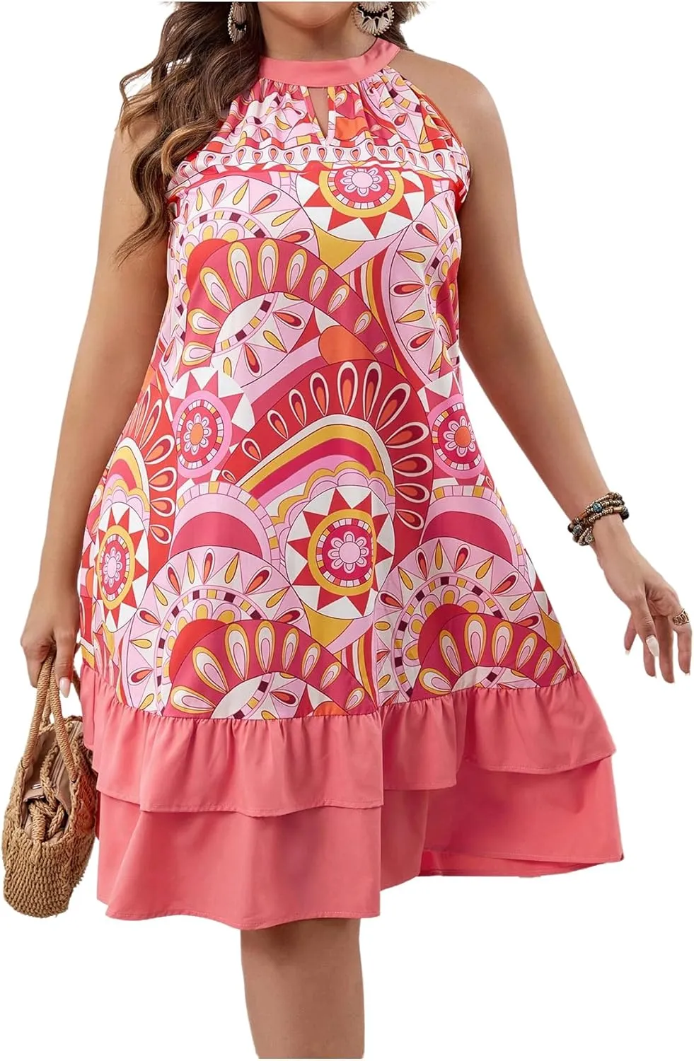 Floerns Women's Plus Size Tribal Print Halter Dress Sleeveless Layered Hem Boho Dresses