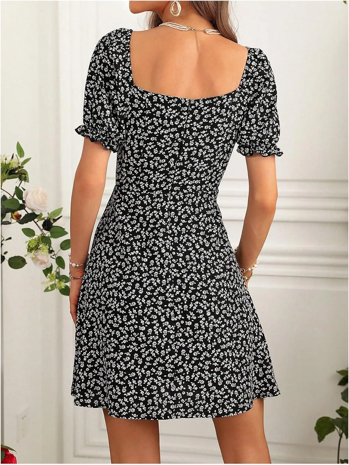 Floerns Women's Puff Short Sleeve Milkmaid Dress Floral Sweetheart Neck A Line Dress
