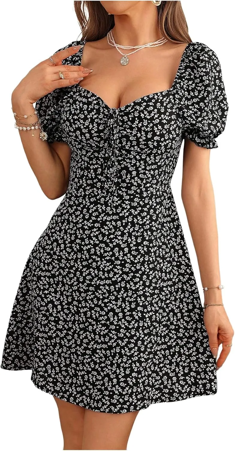 Floerns Women's Puff Short Sleeve Milkmaid Dress Floral Sweetheart Neck A Line Dress