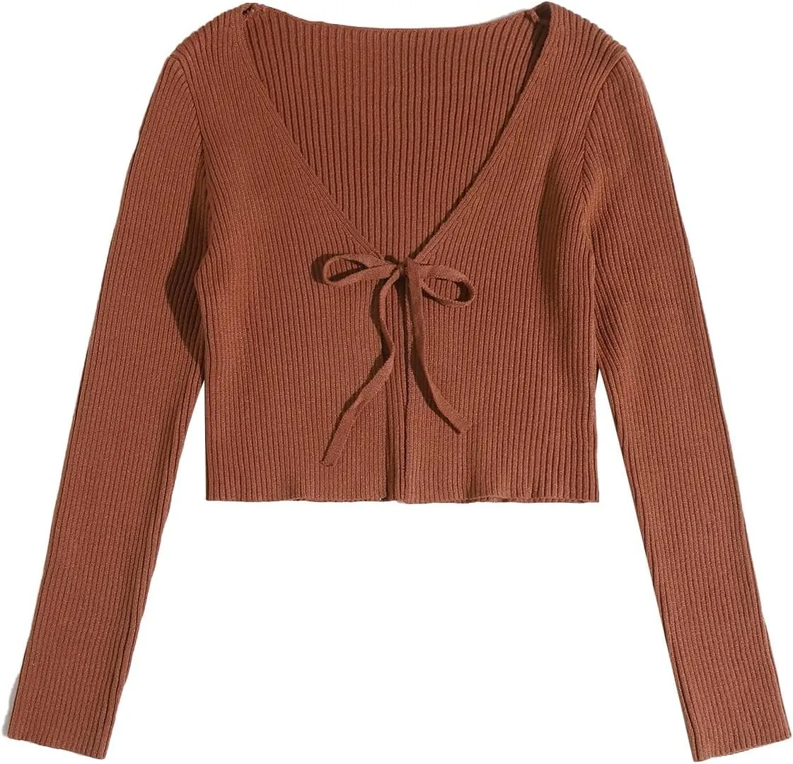 Floerns Women's Tie Front Long Sleeve Rib Knit Shrug Sweaters Cardigan Crop Top