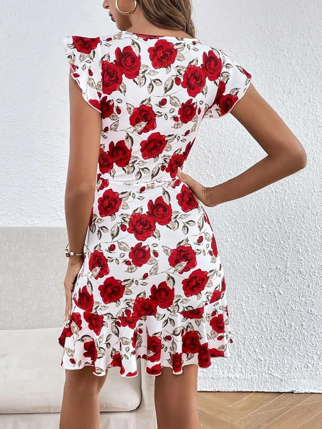 Floerns Women's V Back Inslace Layered Ruffle Hem Flutter Sleeve Dress