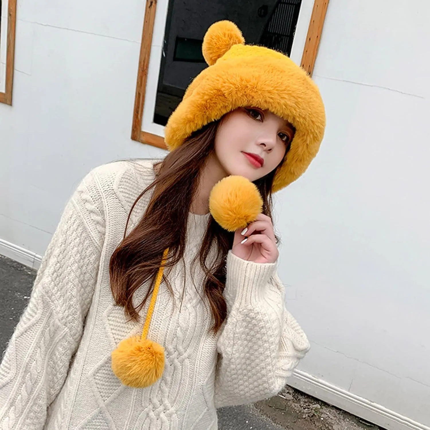Fluffy Winter Beanie Hats for Women Warm Knitted Beanies with Faux Fur Pompom Thermal Chunky Skull Cap Ear Cover Hat