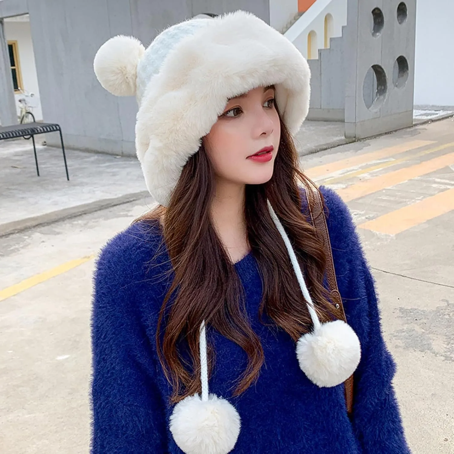 Fluffy Winter Beanie Hats for Women Warm Knitted Beanies with Faux Fur Pompom Thermal Chunky Skull Cap Ear Cover Hat